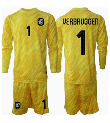 Netherlands Bart Verbruggen #1 Goalkeeper Replica Away Stadium Kit for Kids Euro 2024 Long Sleeve (+ pants)